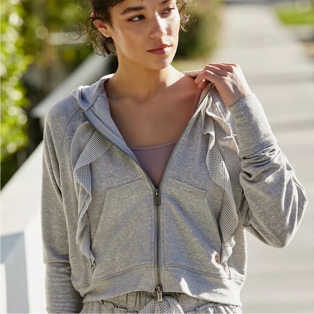 FP Movement Game Plan Ruffle Mesh Zip Up Hoodie XS Grey Technolinen